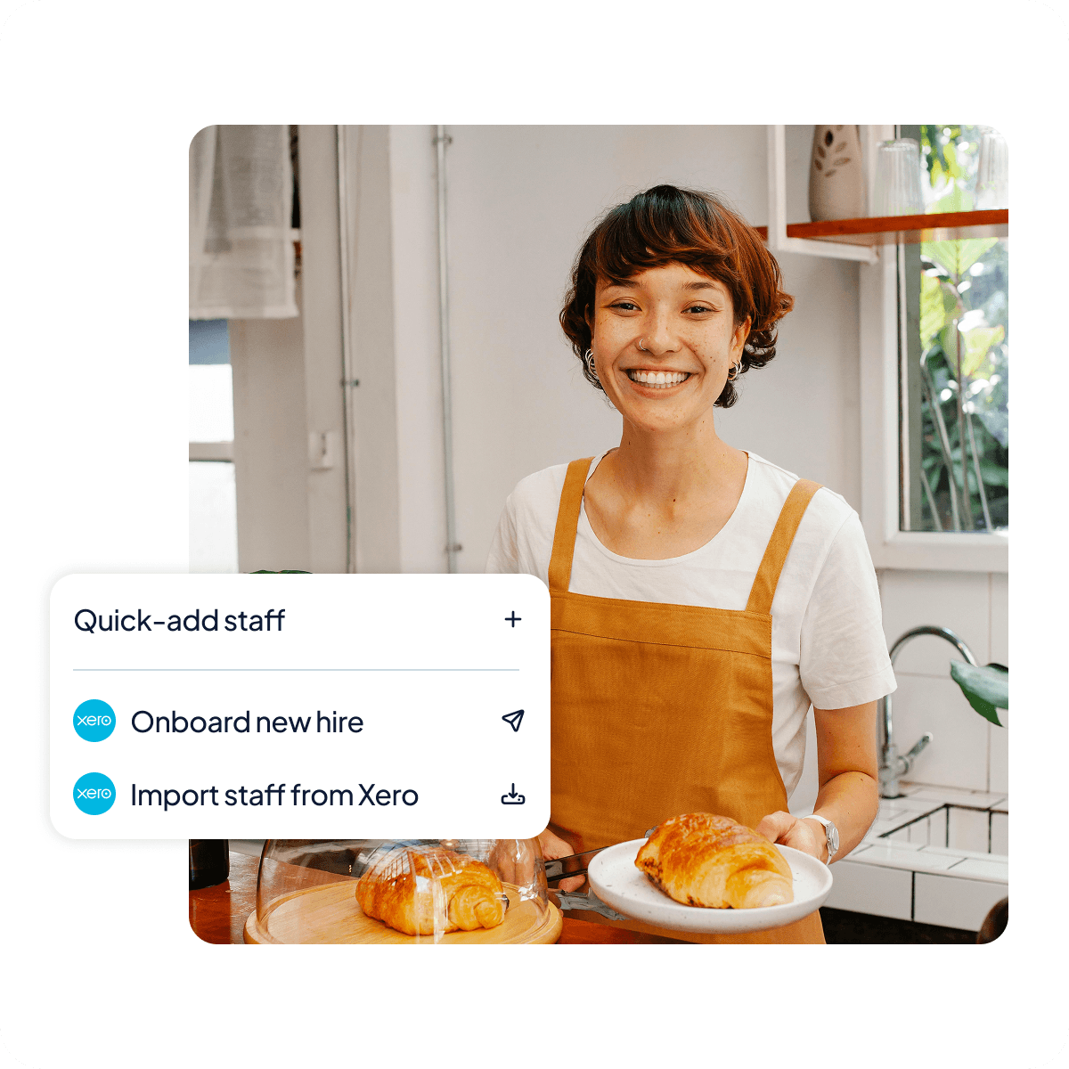 Smiling café worker holding a croissant, beside a Shiftly quick-add staff menu to onboard a new hire or import staff from Xero