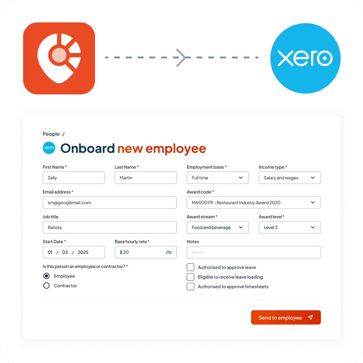 Shiftly onboard new employee form linked to Xero, filled in for a barista on the Restaurant Industry Award at Level 3, ready to send