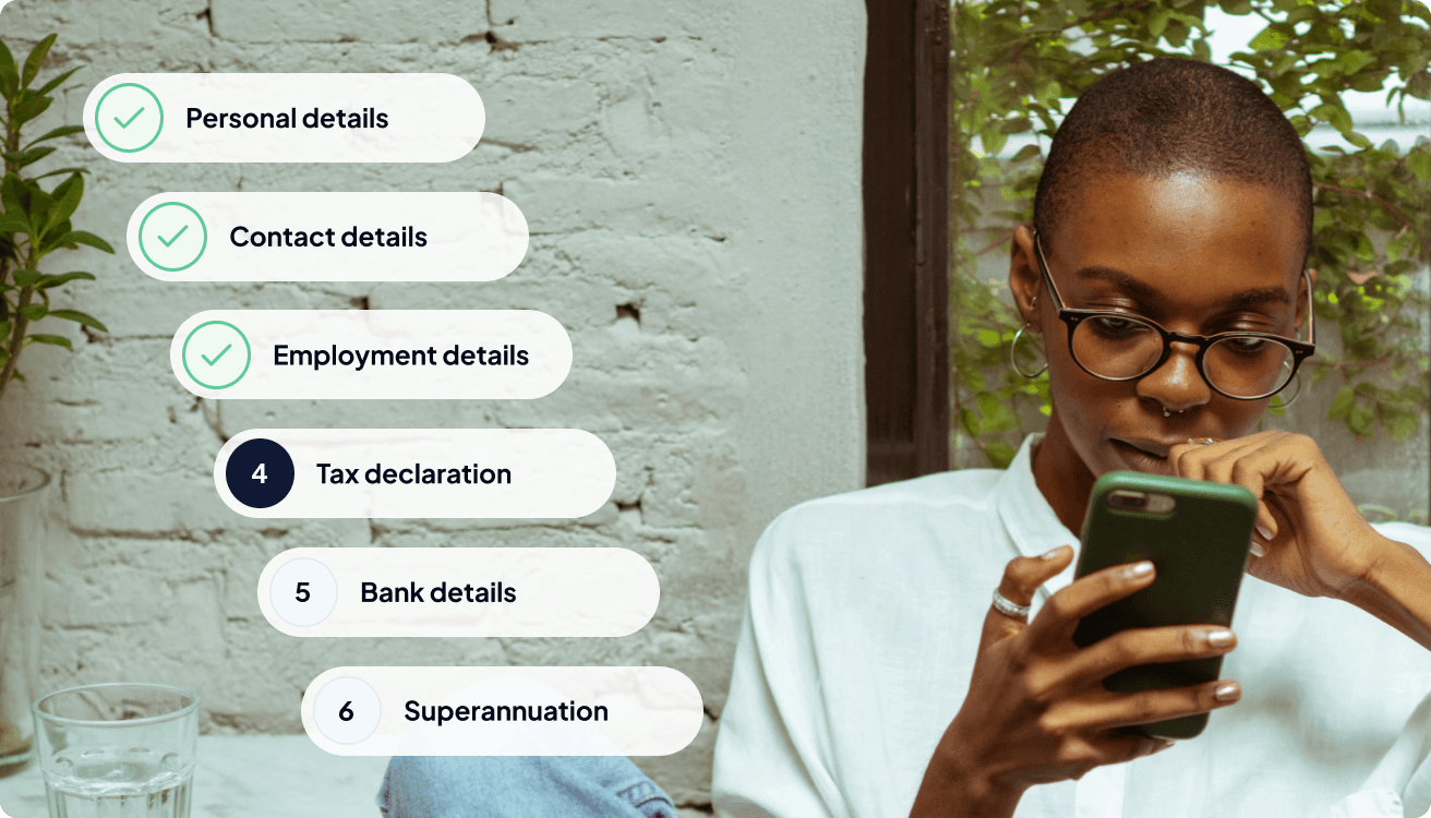 Person using a phone beside Shiftly onboarding steps, with personal, contact and employment details done and tax declaration next