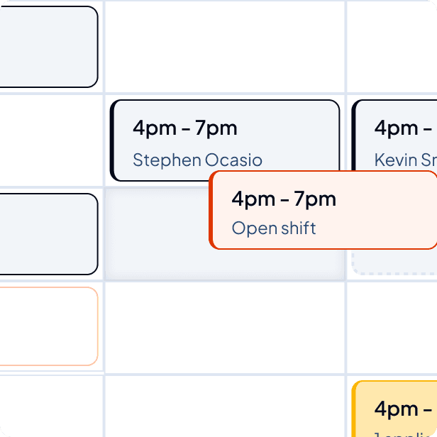 Close-up of the Shiftly roster grid with a 4pm to 7pm shift for Stephen Ocasio and an open shift card being dragged into a slot