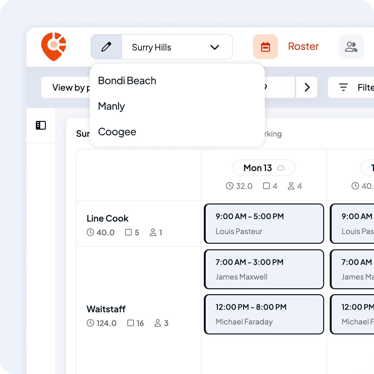 Shiftly roster with the location menu open on Surry Hills, listing Bondi Beach, Manly and Coogee above a week of shifts by position
