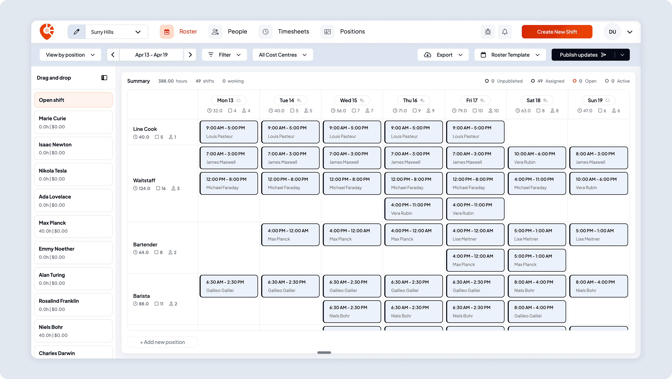 Shiftly week roster for Surry Hills by position, with a drag and drop staff list, shifts for each day and a Publish updates button