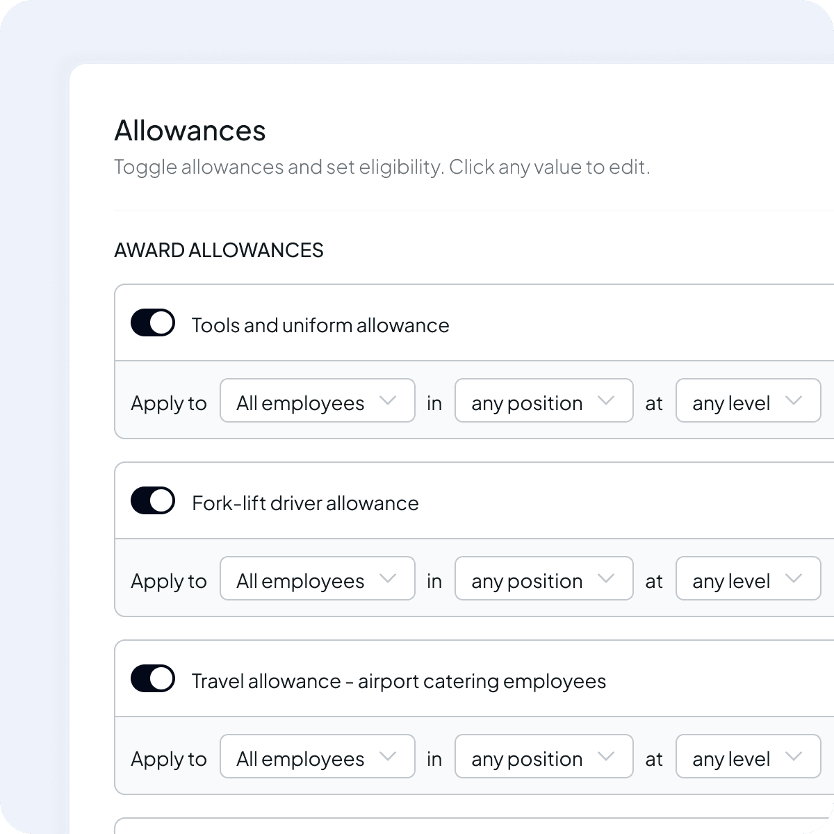 Shiftly award allowances with tools and uniform, fork-lift driver and travel allowances switched on, each set by position and level