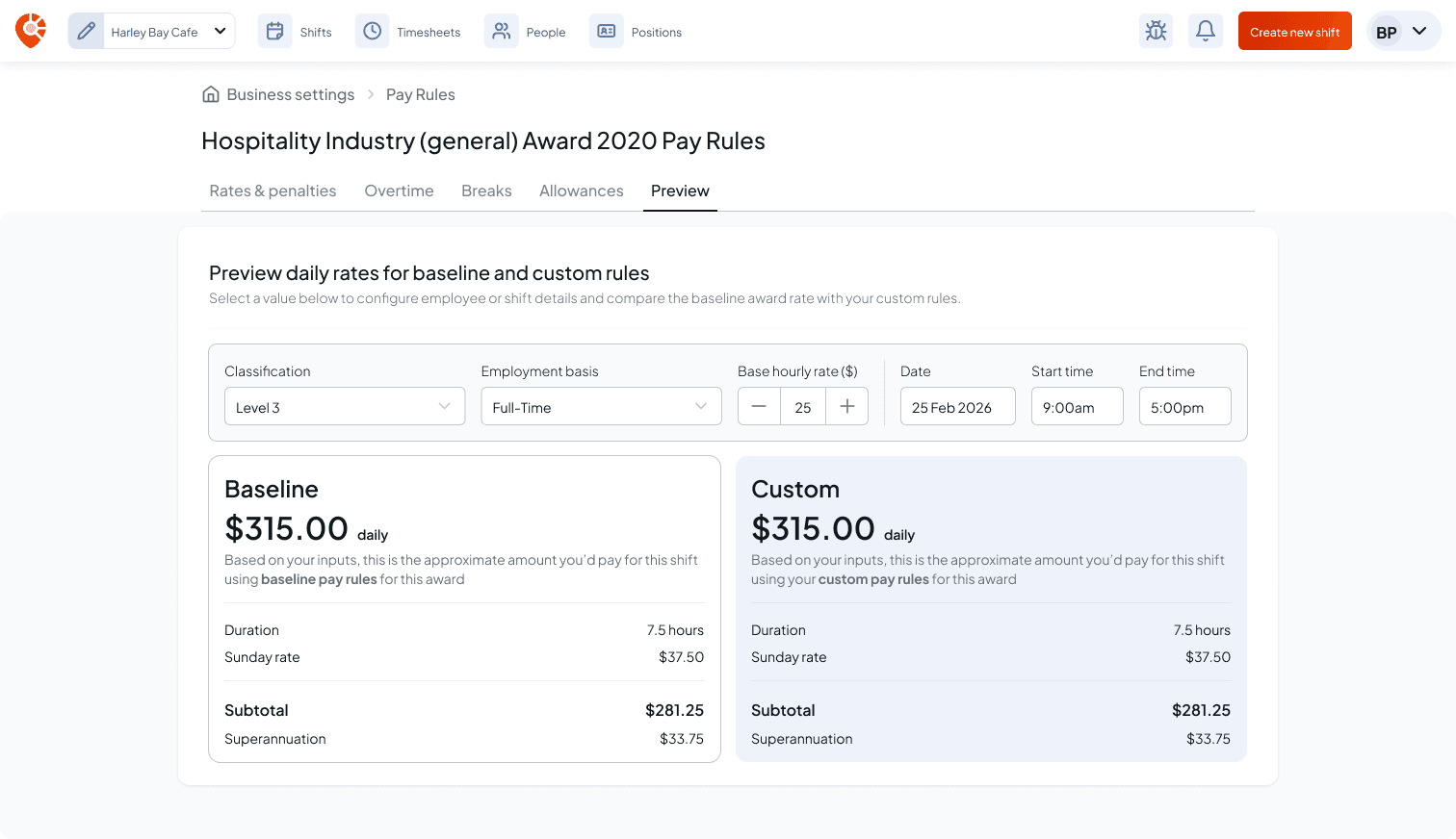 Shiftly pay rules preview for the Hospitality award, comparing baseline and custom daily pay for a Level 3 full-time shift