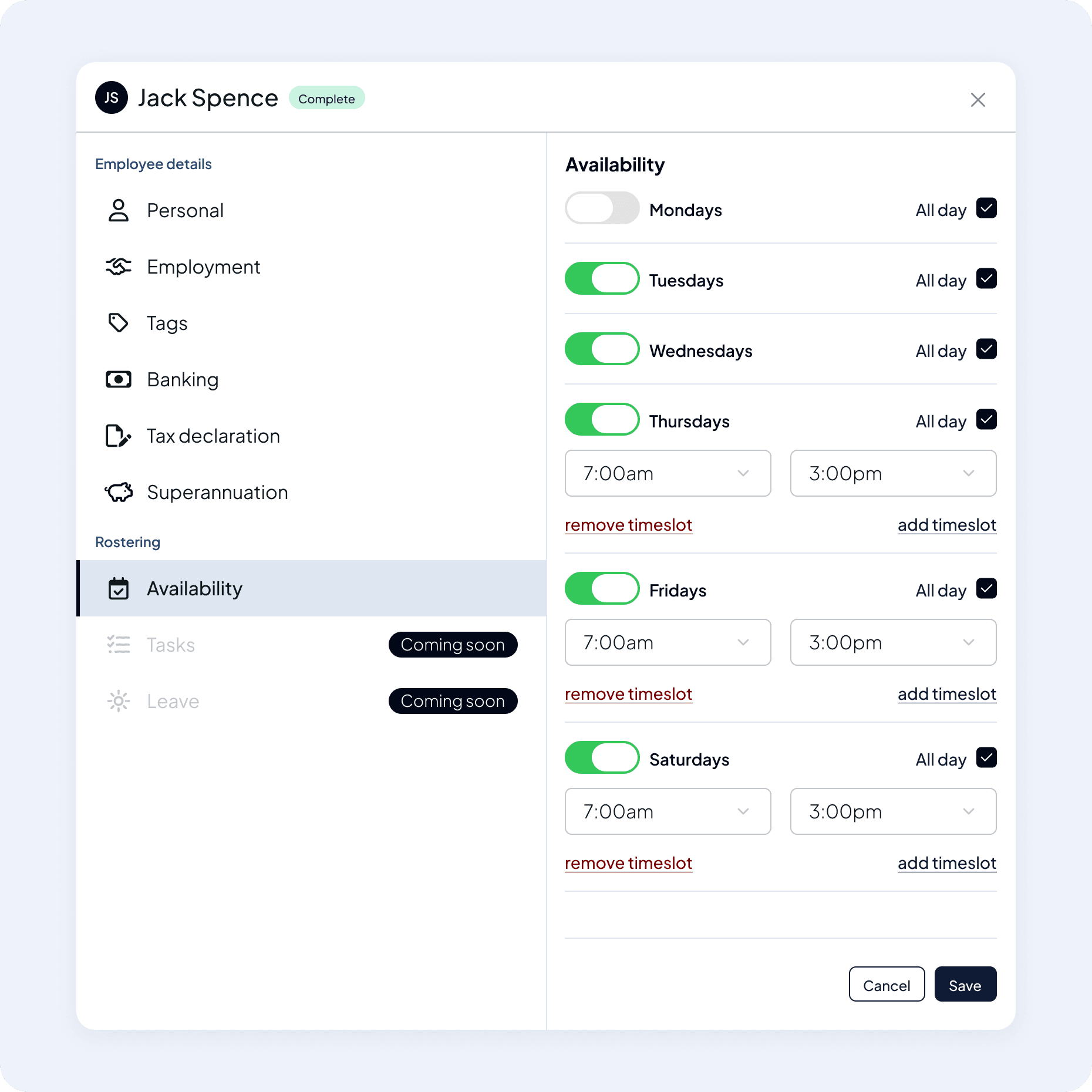 Shiftly staff profile for Jack Spence on the Availability tab, with a toggle for each weekday and 7:00am to 3:00pm time slots