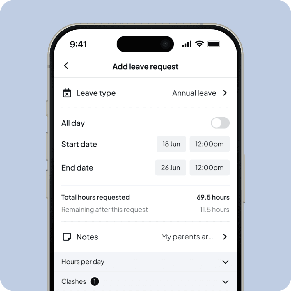 Shiftly Me leave request form with leave type, dates, total hours requested and hours remaining