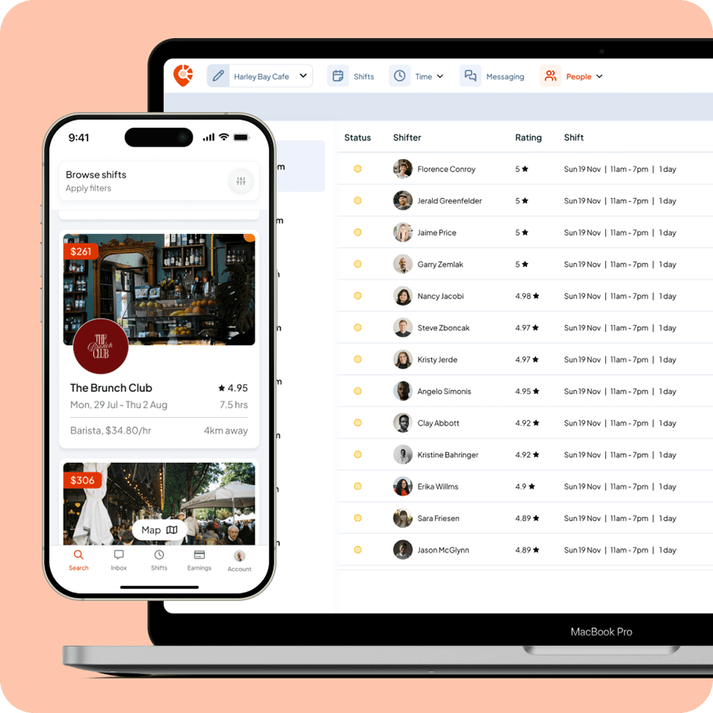 Shiftly On-Demand shift browser on a phone beside the web platform's list of shifters and their ratings