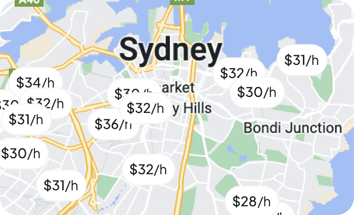 Map showing hourly pay rates for nearby shifts